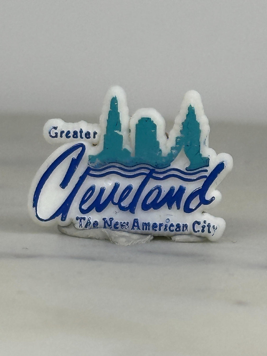 Cleveland Skyline Enamel Pin: White & Blue - 1980s City Souvenir Accessory