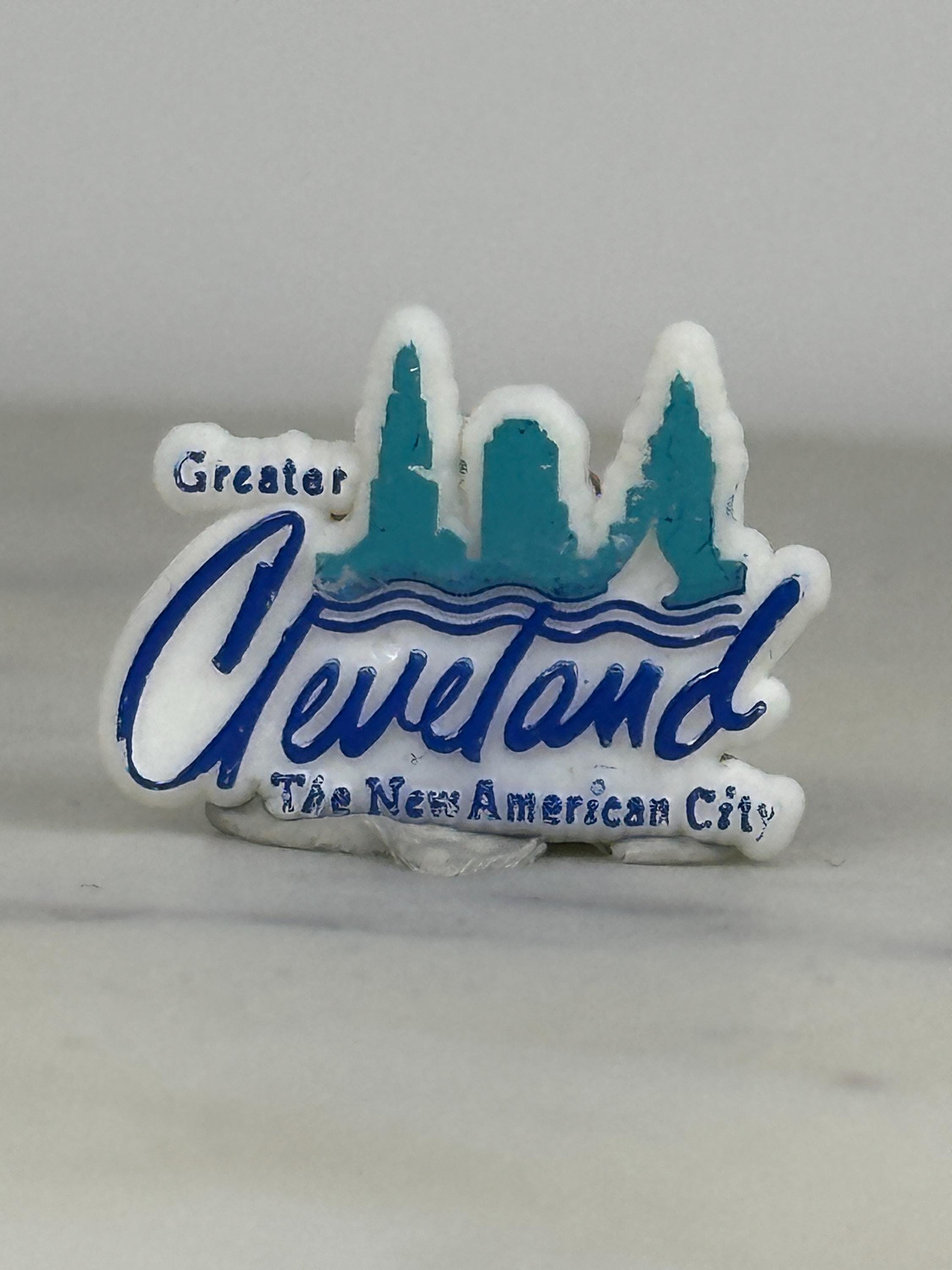 Cleveland Skyline Enamel Pin: White & Blue - 1980s City Souvenir Accessory