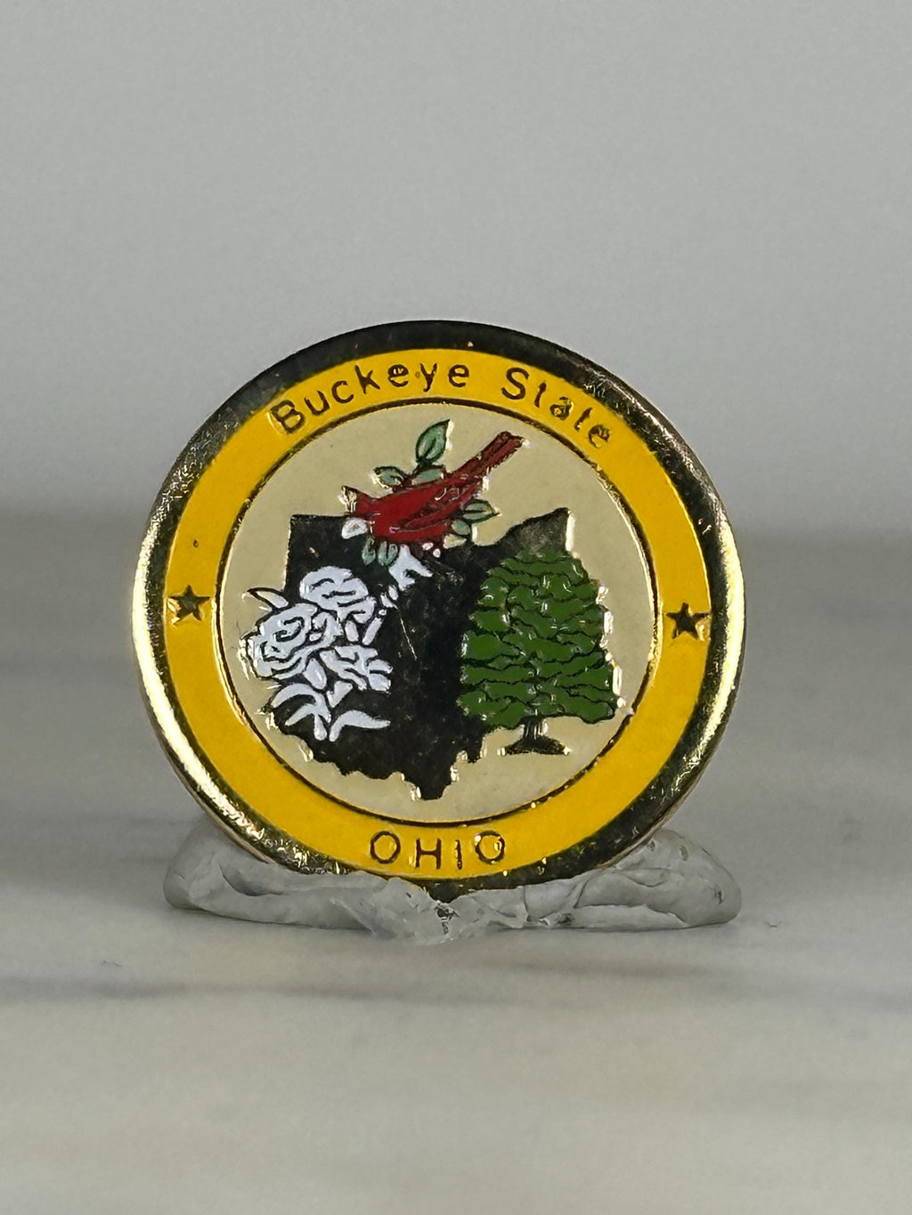 Ohio State Enamel Pin: Gold Trim Circle Design - Vintage Travel Accessory