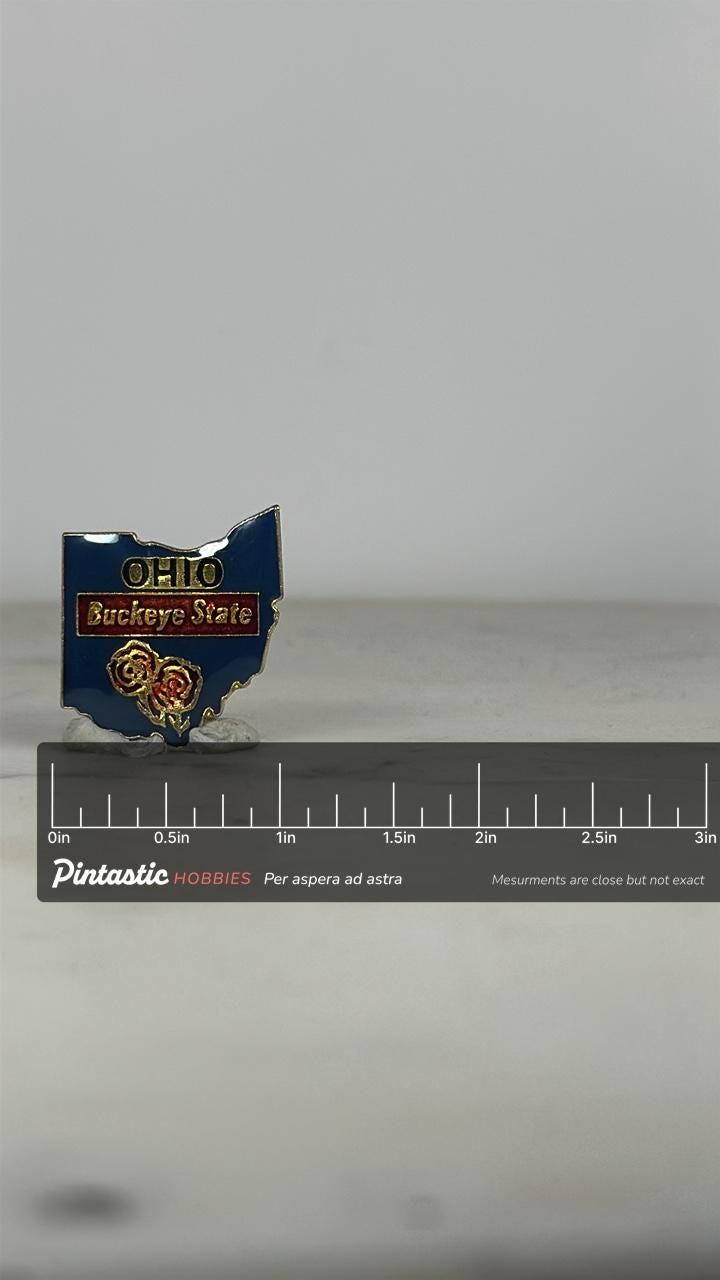 Ohio State Enamel Pin: Blue Gold Finish - Vintage Travel Accessory with ruler overlay for size reference