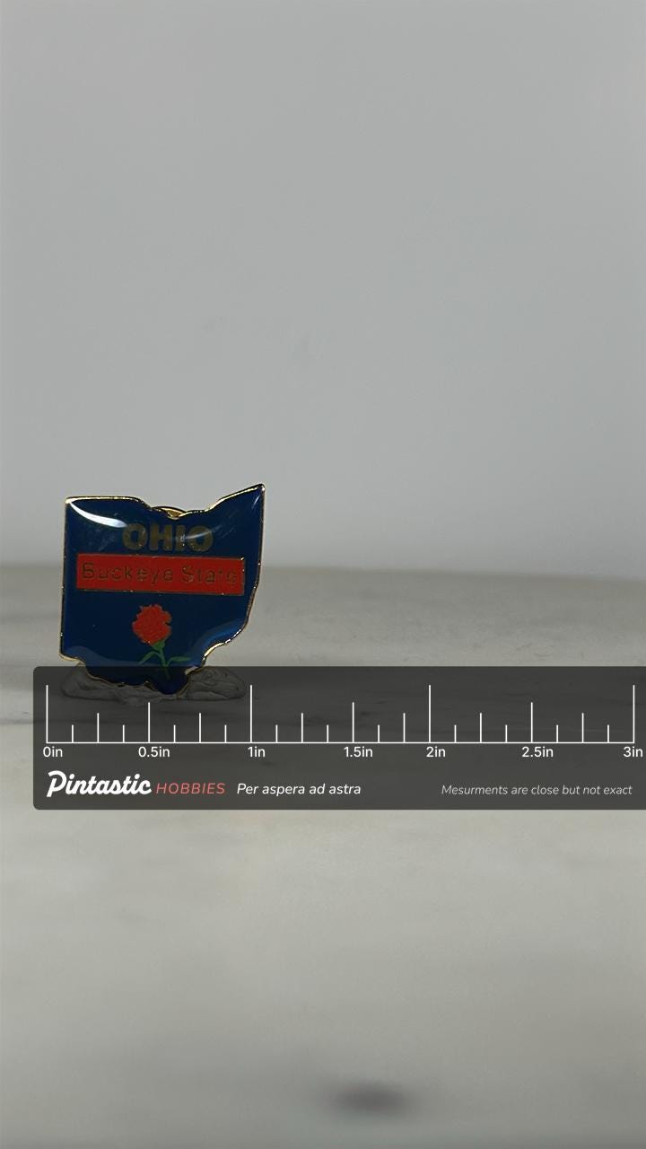 Ohio State Enamel Pin: Navy Red Gold - Vintage Travel Accessory with ruler overlay for size reference