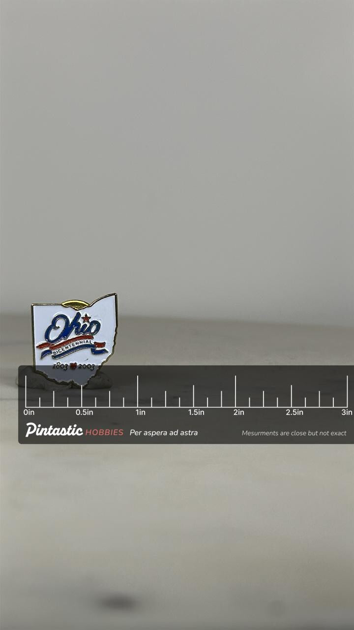 Ohio Bicentennial Enamel Pin: White Red Blue - 2003 Commemorative Accessory with ruler overlay for size reference