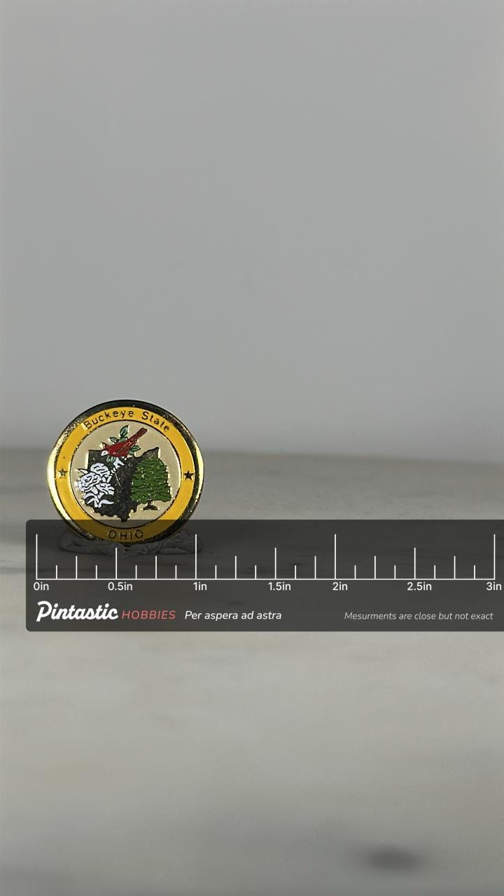 Ohio State Enamel Pin: Gold Trim Circle Design - Vintage Travel Accessory with ruler overlay for size reference