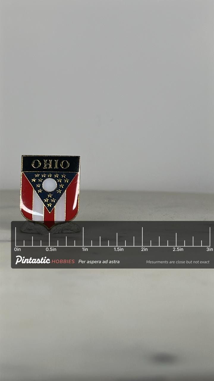 Ohio State Flag Enamel Pin: Red White Blue Shield - Patriotic Souvenir Accessory with ruler overlay for size reference