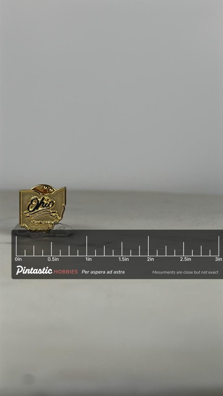 Ohio State Enamel Pin: Gold Finish - Bicentennial Souvenir Accessory with ruler overlay for size reference