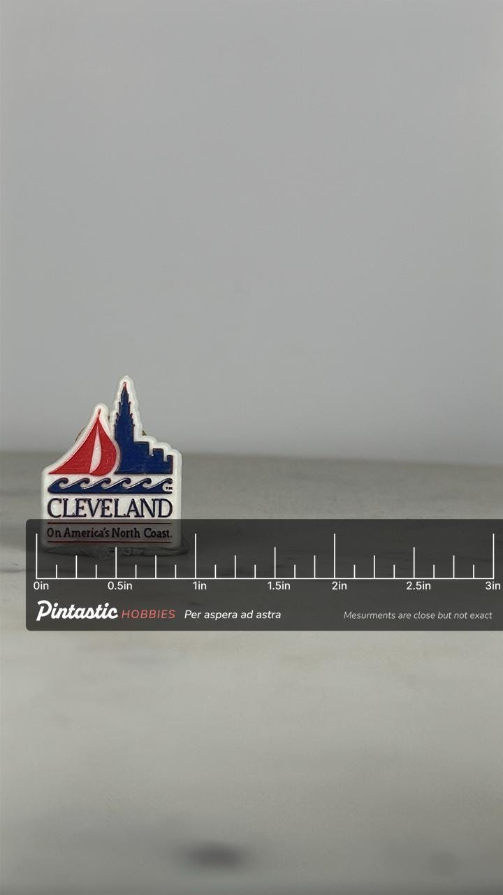 Cleveland Souvenir Enamel Pin: Red White Blue - Vintage Travel Accessory with ruler overlay for size reference