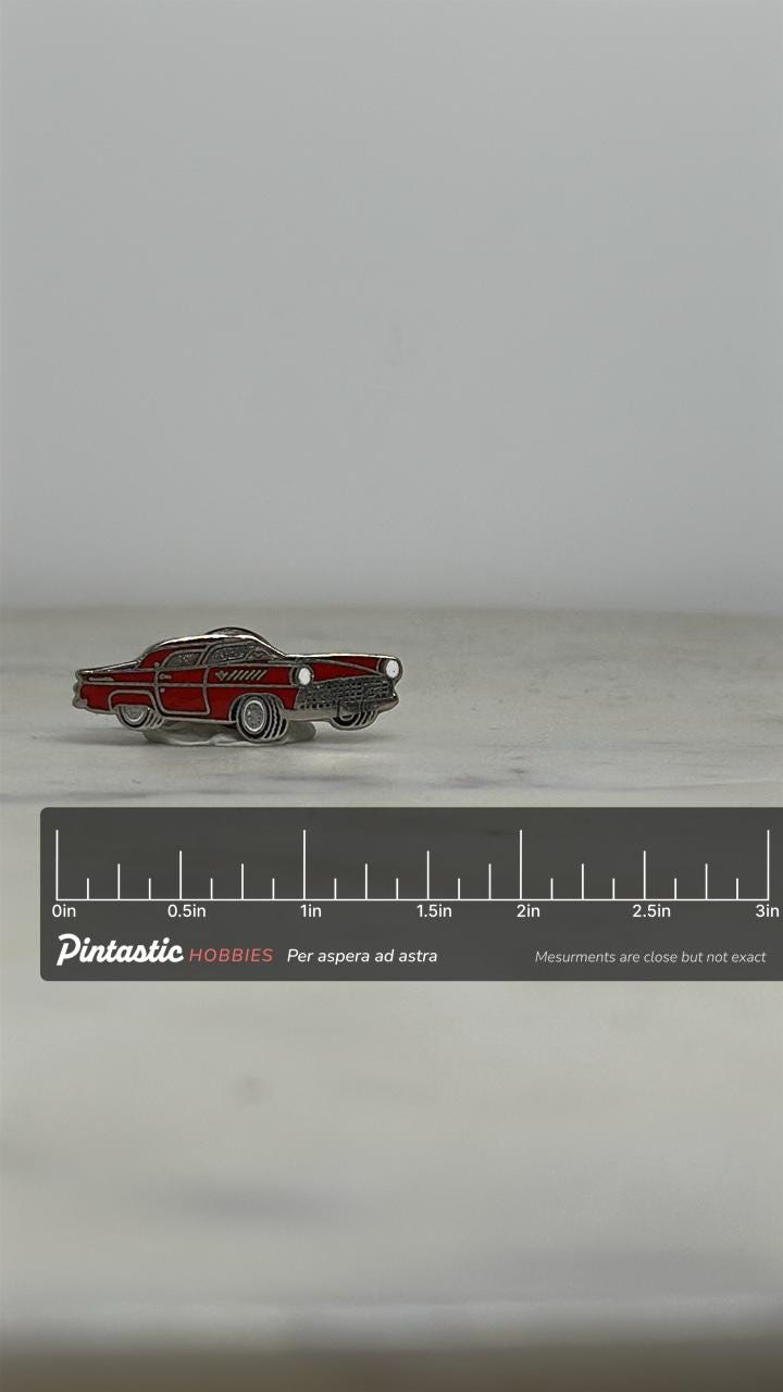 1958 Ford Thunderbird Red Enamel Pin – Vintage Classic Car Lapel with ruler overlay for size reference
