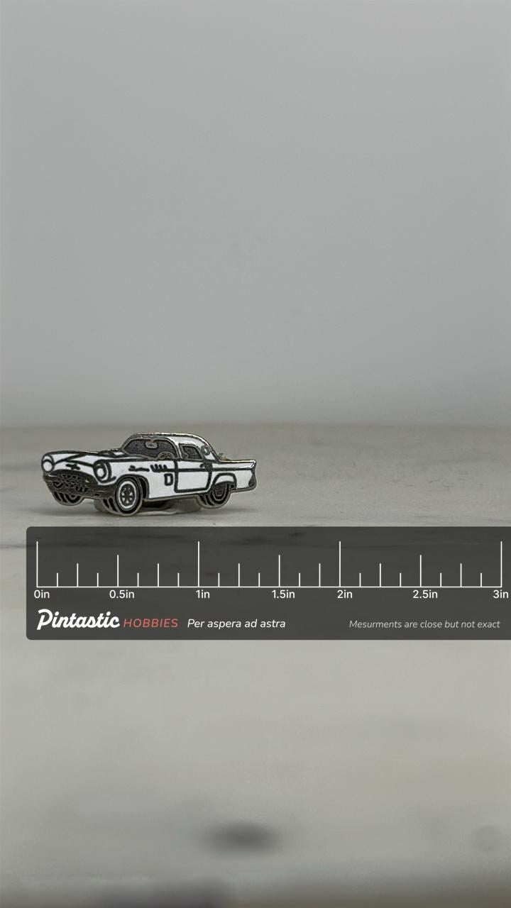 1957 Ford Thunderbird Pin – Vintage White Enamel Classic Car Lapel with ruler overlay for size reference