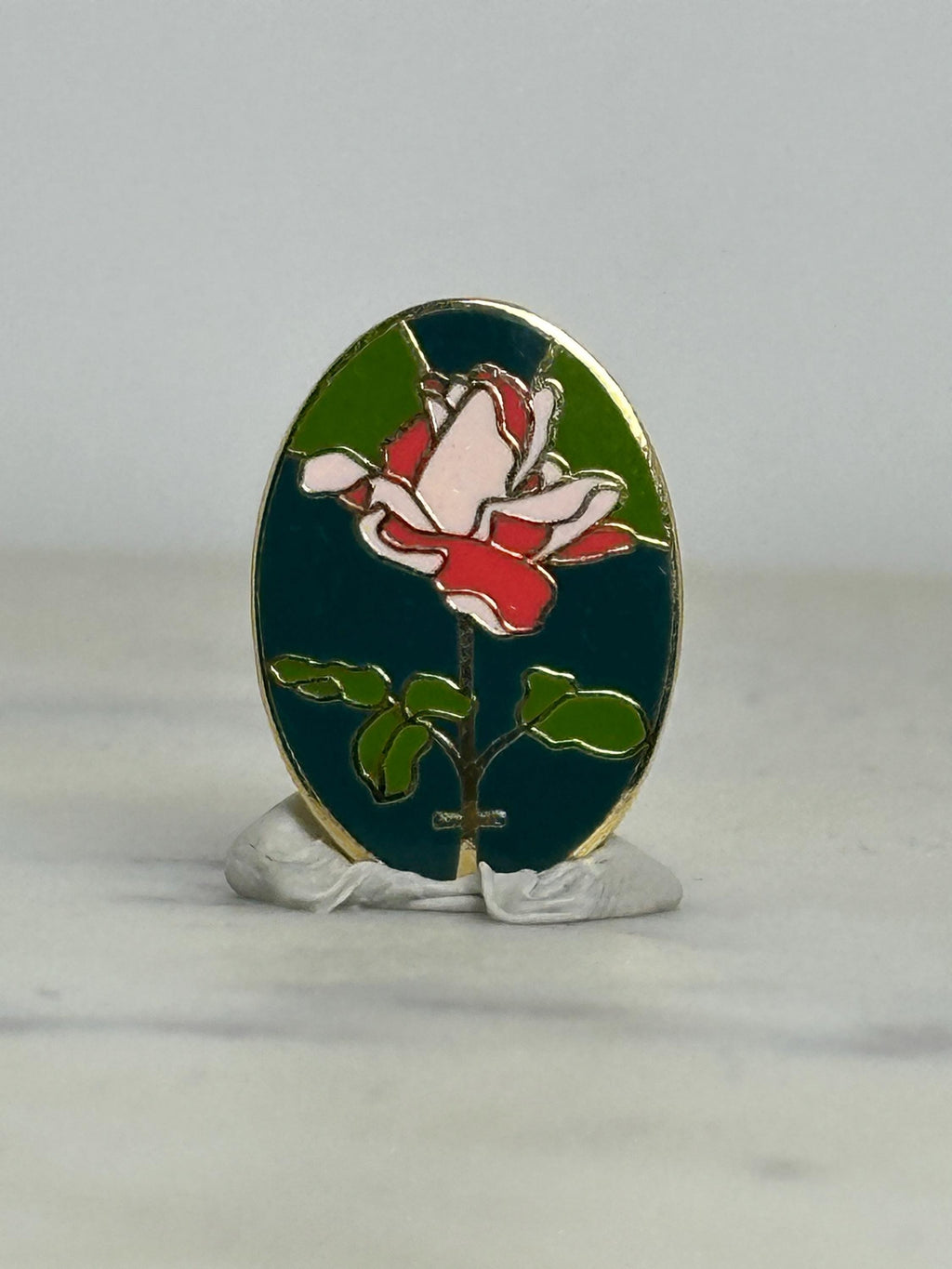 Rose Flower Enamel Pin: Oval Stained Glass Look - Vintage Floral Accessory