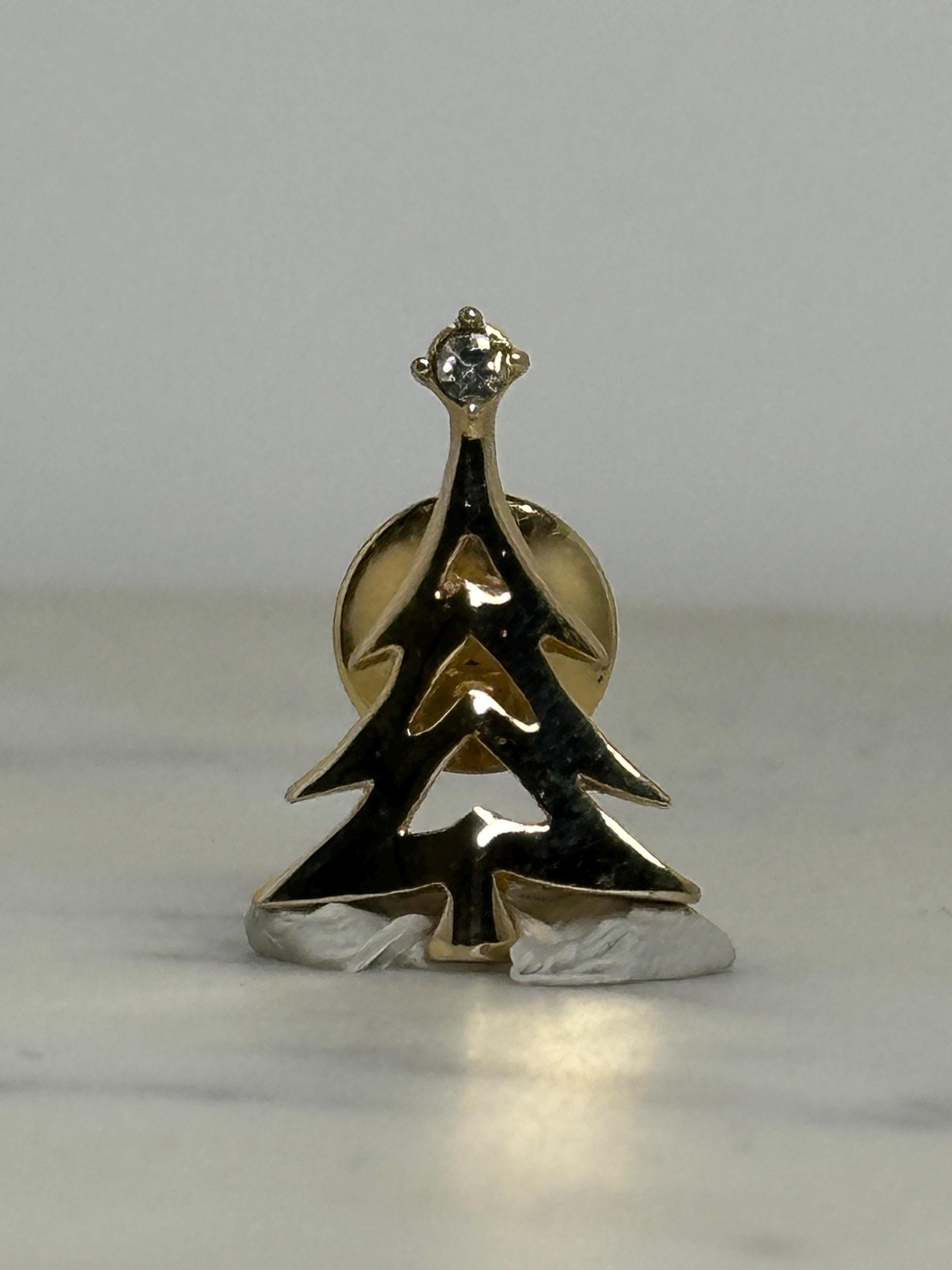 Christmas Tree Lapel Pin: Gold Tone with Rhinestone - Festive Holiday Accessory