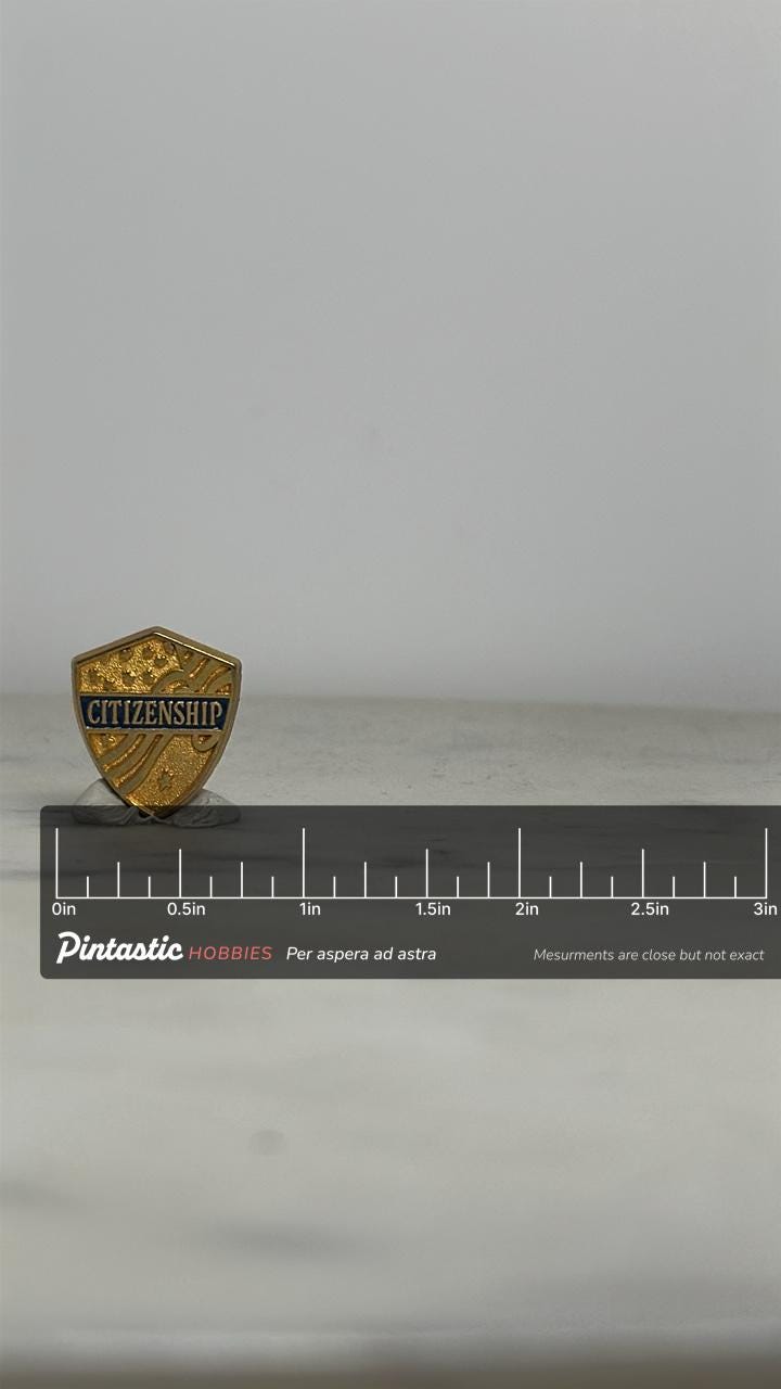 Citizenship Award Pin: Gold Tone Enamel Shield - Vintage School Accessory with ruler overlay for size reference