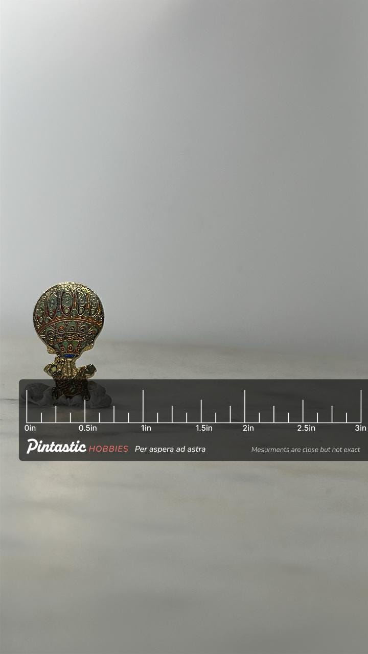 Hot Air Balloon Enamel Pin: Ornate Multicolor Finish - Vintage Travel Accessory with ruler overlay for size reference