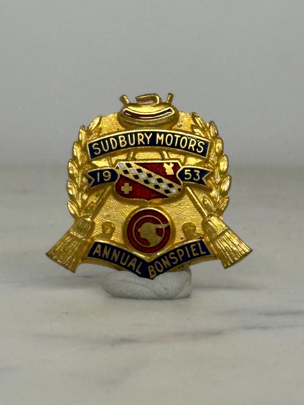 Curling Bonspiel Enamel Pin: Gold & Red Crest - 1950s Sports Accessory