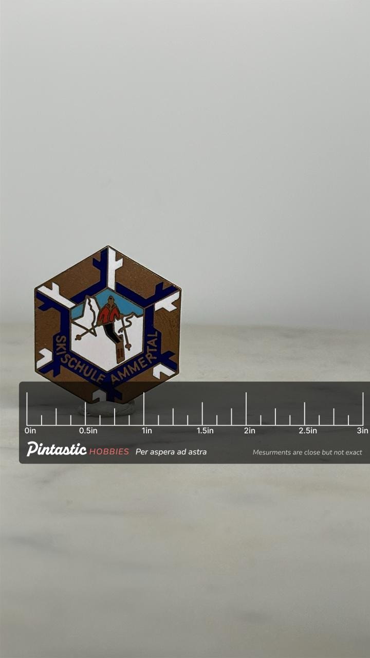 Skischule Ammertal Enamel Pin: Snowflake Hexagon Design - Vintage Alpine Accessory with ruler overlay for size reference