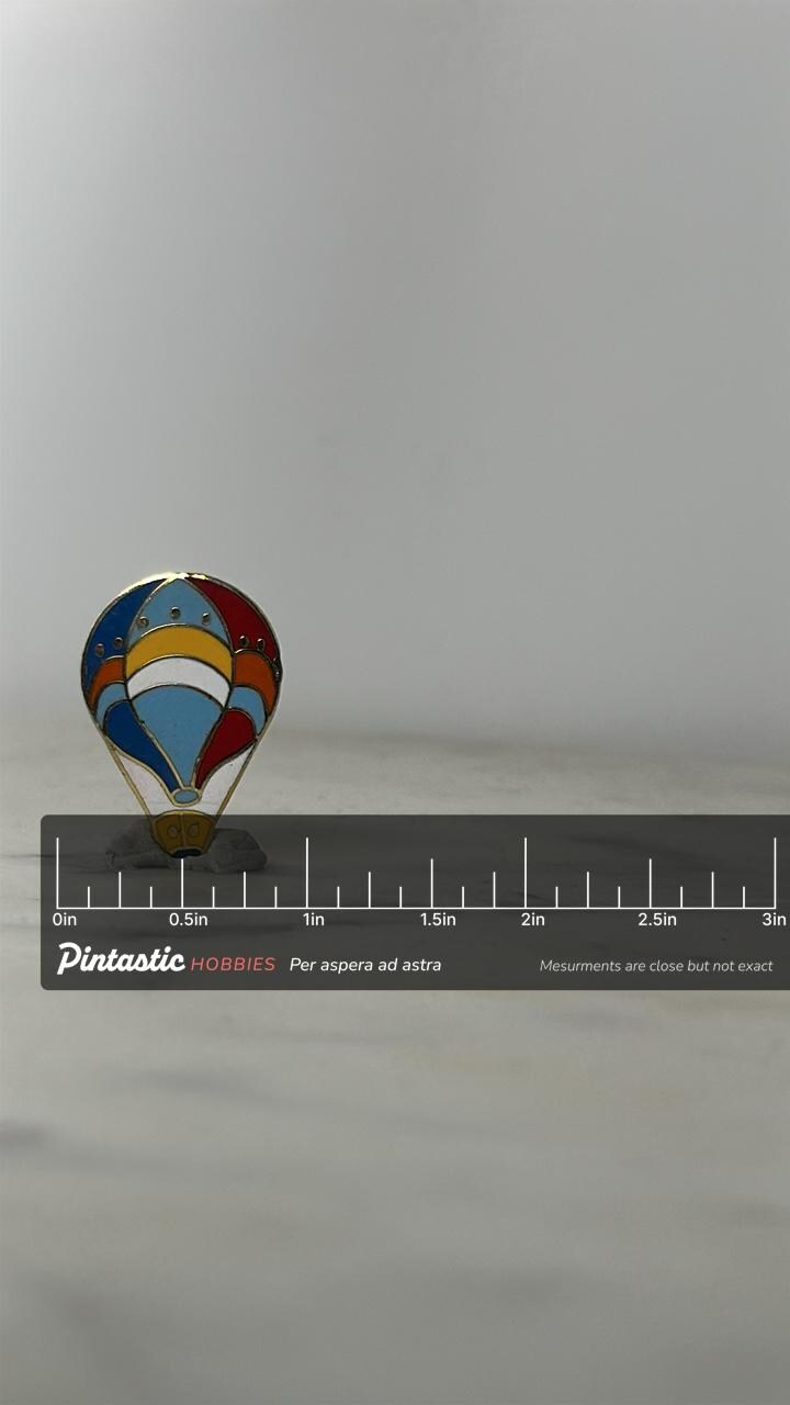 Hot Air Balloon Enamel Pin: Multicolor Cloisonné - Vintage Travel Accessory with ruler overlay for size reference