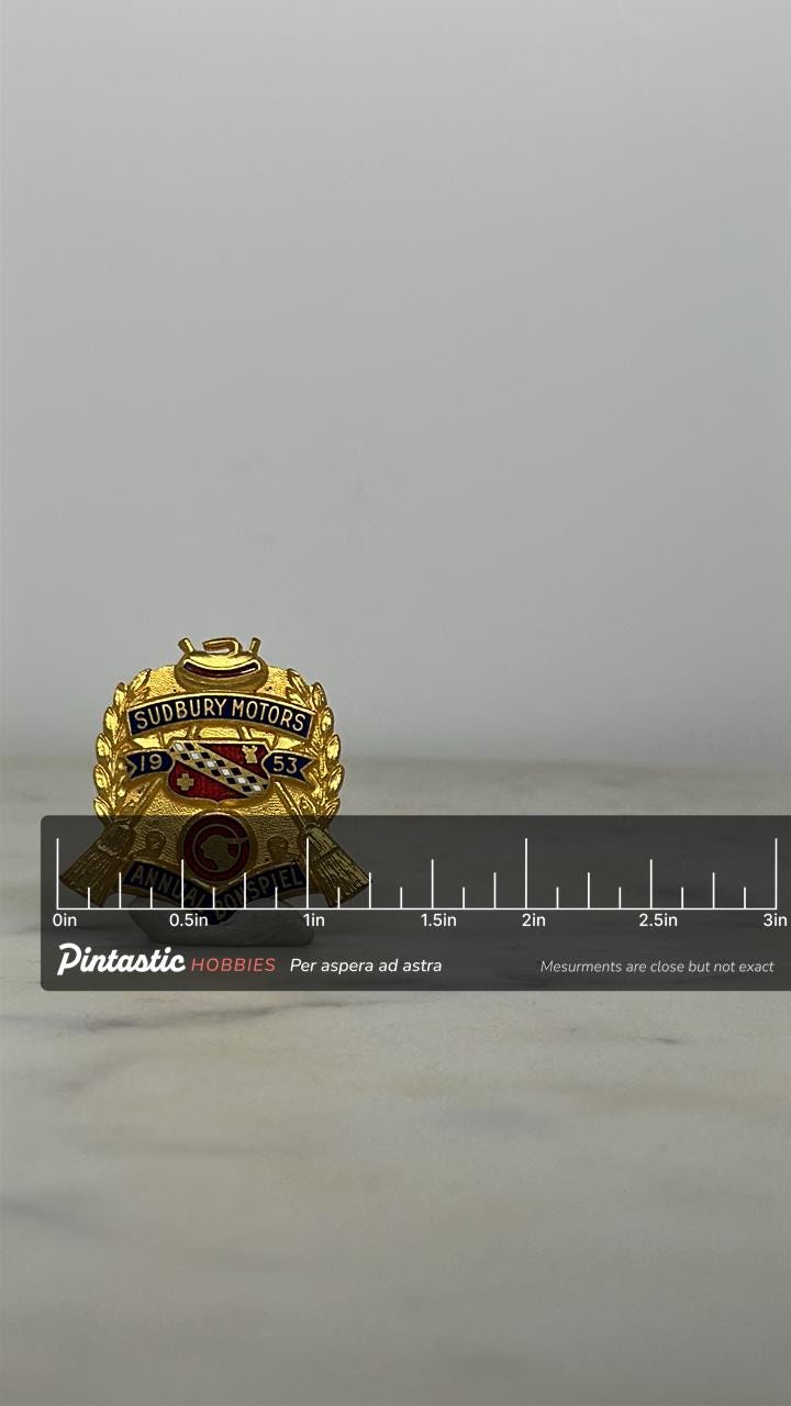 Curling Bonspiel Enamel Pin: Gold & Red Crest - 1950s Sports Accessory with ruler overlay for size reference