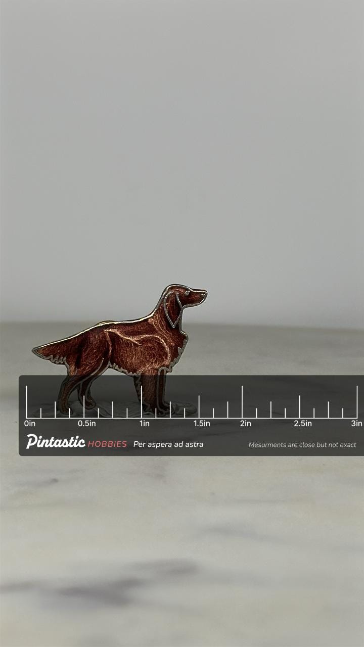Irish Setter Dog Enamel Pin: Brown Metallic Finish - Vintage Pet Accessory with ruler overlay for size reference