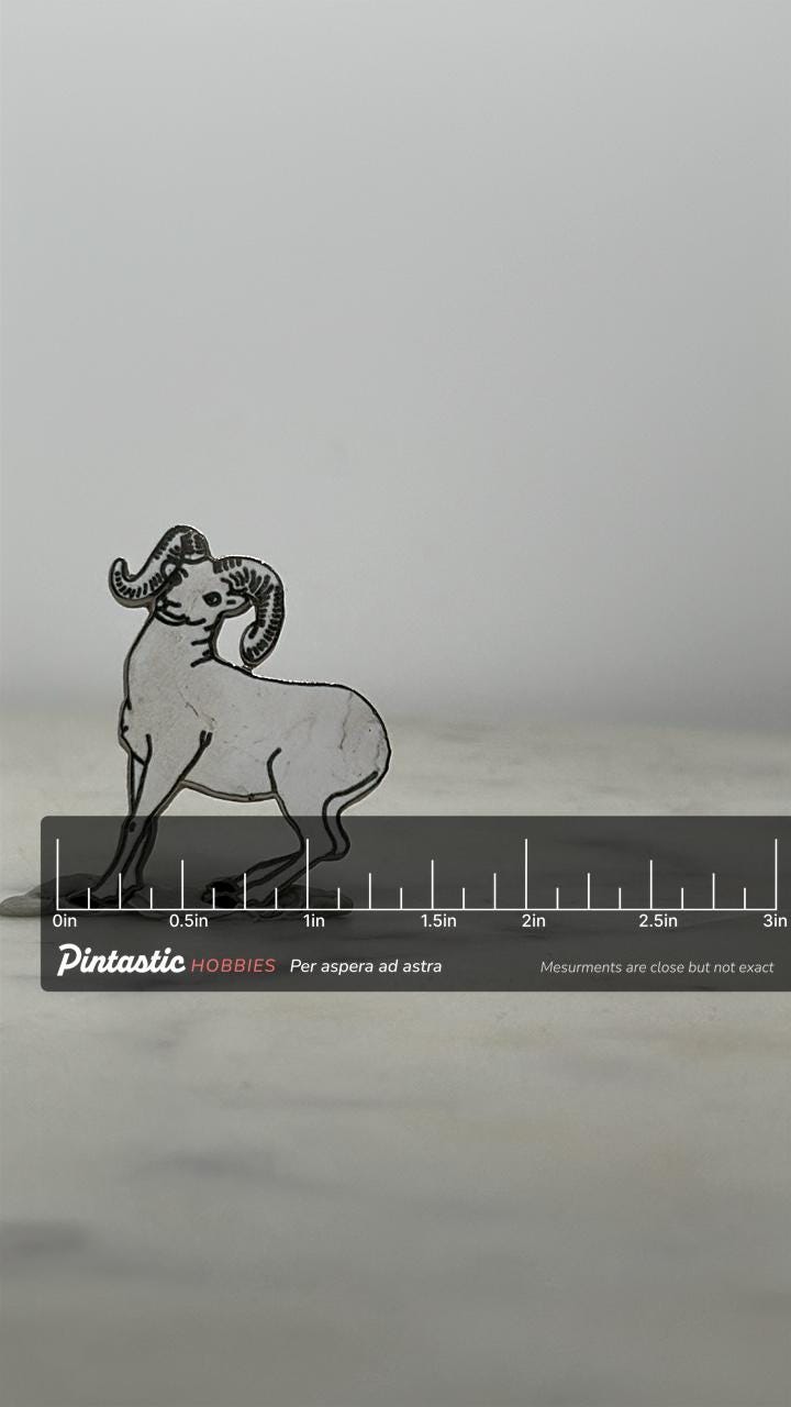 Ram Animal Enamel Pin: White & Black Outline - Retro Nature Accessory with ruler overlay for size reference