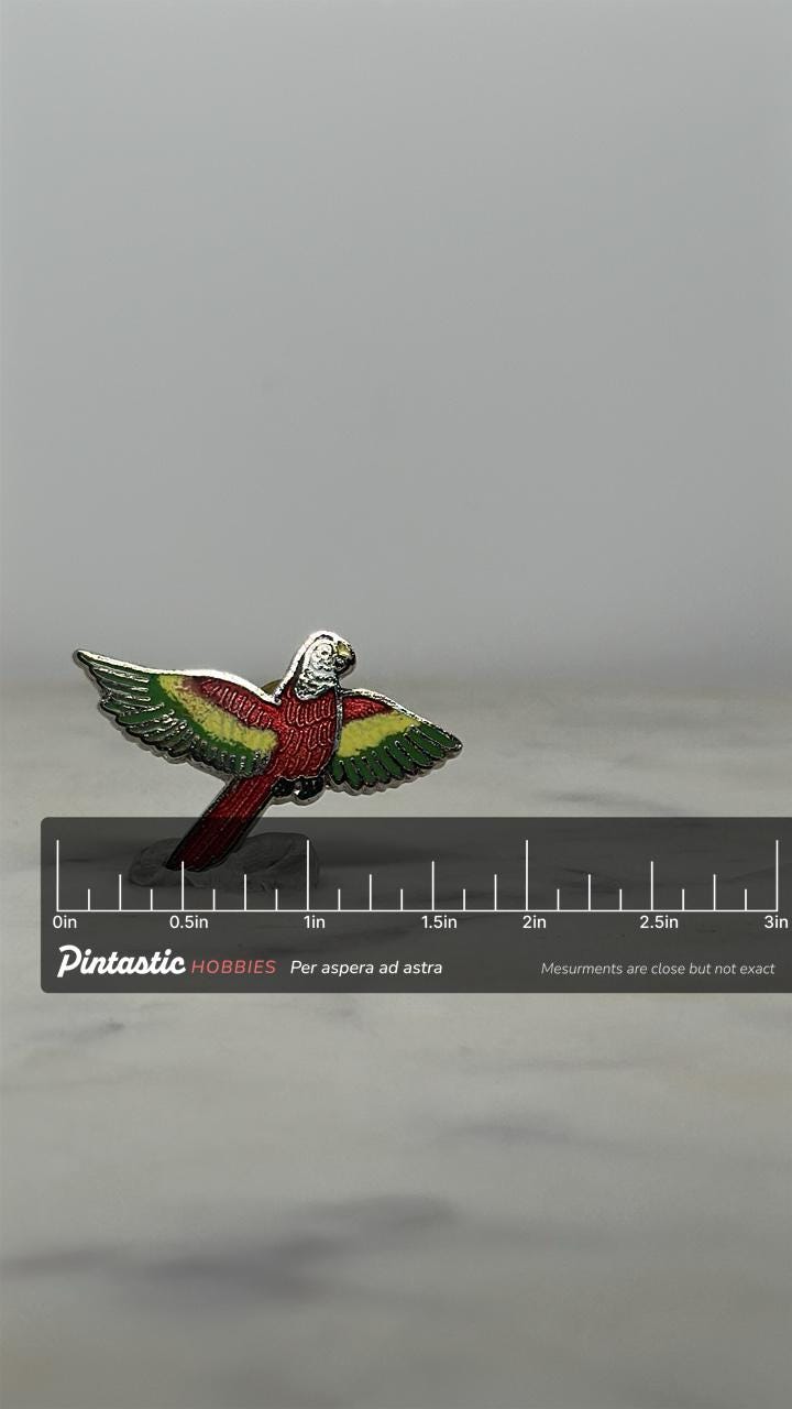 Parrot Enamel Pin: Red Green Yellow - Tropical Vintage Accessory with ruler overlay for size reference