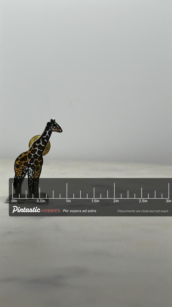 Giraffe Enamel Pin: Hand-Painted Safari Style - Vintage Animal Accessory with ruler overlay for size reference