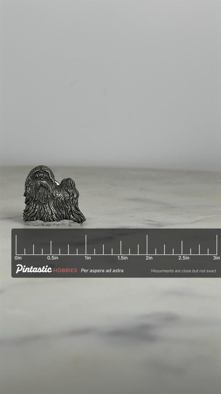 Lhasa Apso Dog Pin: Pewter Finish - Vintage Pet Lover Accessory with ruler overlay for size reference