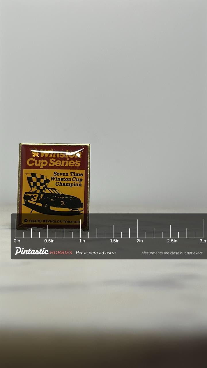 Winston Cup Series Enamel Pin: Red Yellow Racing - 1990s NASCAR Accessory with ruler overlay for size reference