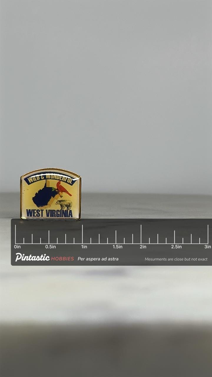 West Virginia Souvenir Pin: Gold Trim Enamel - Vintage Travel Accessory with ruler overlay for size reference