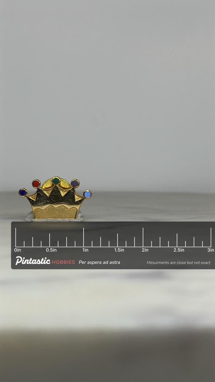 Crown Enamel Pin: Gold with Jewel Tones - Royal Theme Accessory with ruler overlay for size reference