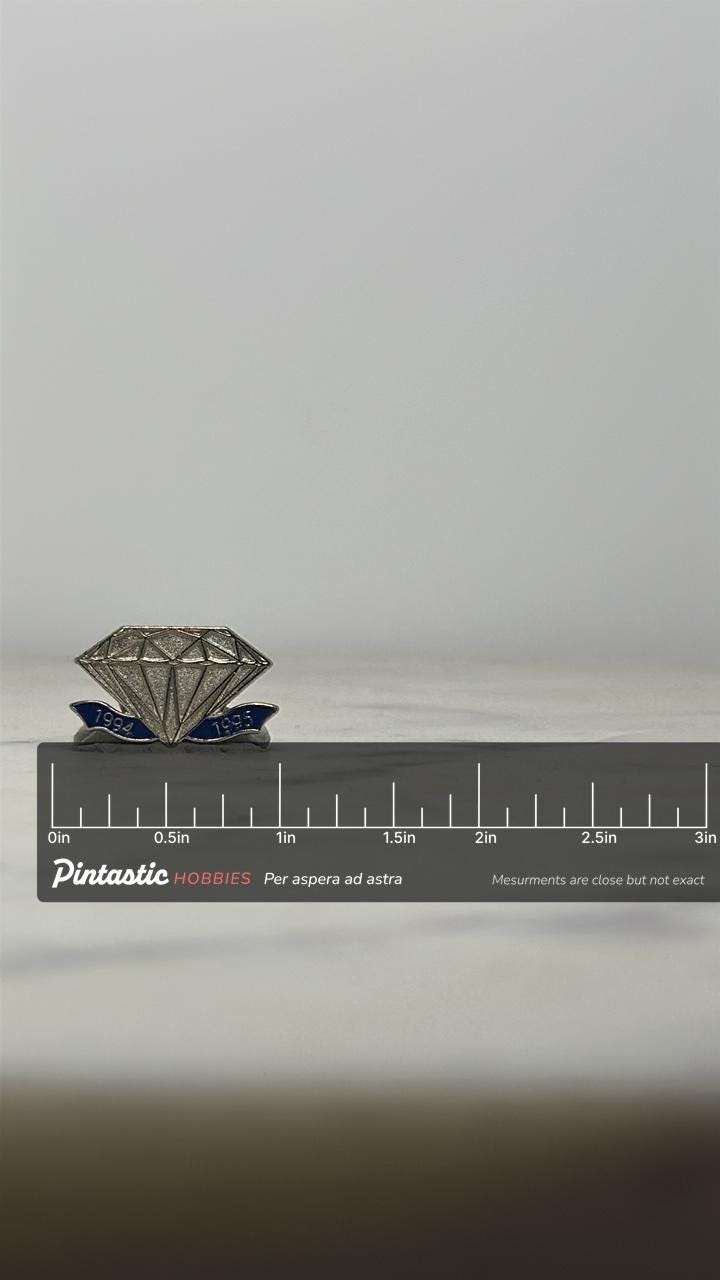Diamond Anniversary Enamel Pin: Silver & Blue Finish - 1990s Collectible Accessory with ruler overlay for size reference