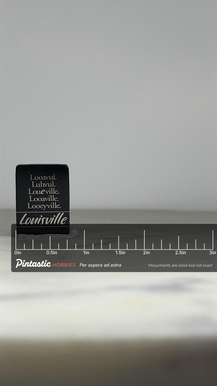 Louisville Pronunciation Enamel Pin: Black White Typography - Retro City Accessory with ruler overlay for size reference