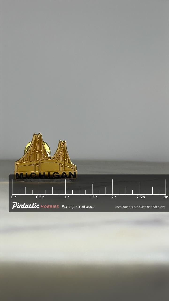Michigan Bridge Enamel Pin: Gold & Black Finish - Retro Travel Accessory with ruler overlay for size reference