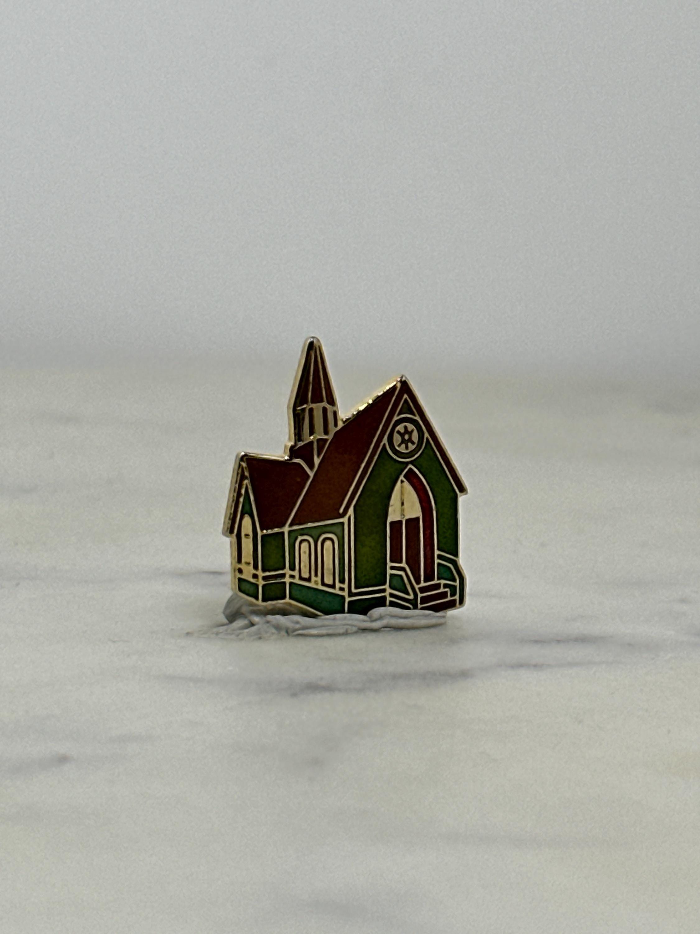 Church Building Enamel Pin: Red Green Gold Cloisonné - Vintage Style Accessory