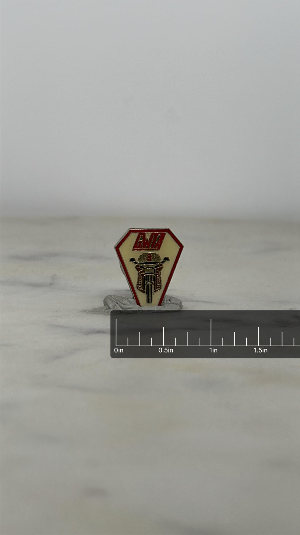 Soviet Motorcycle Sports Pin: Rank 3 Enamel Badge – Vintage USSR Collectible with ruler overlay for size reference