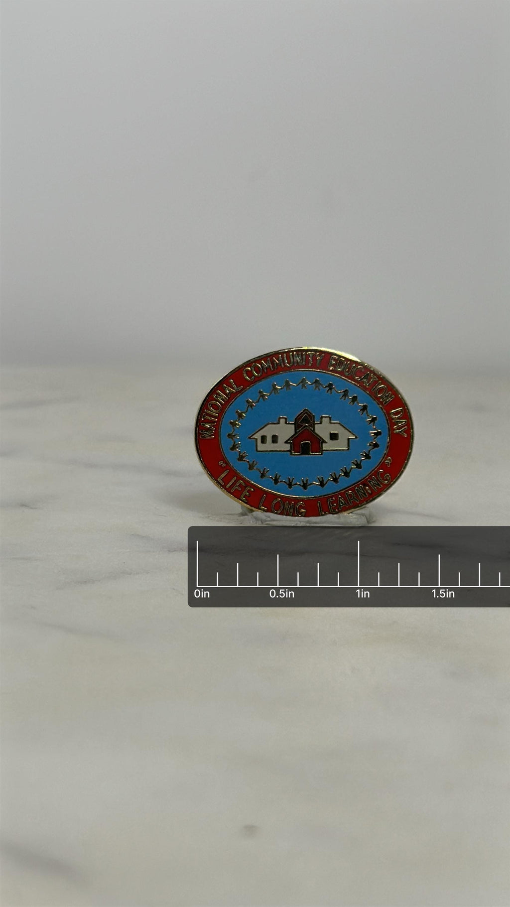 National Community Education Day Pin: Red Blue Enamel - Lifelong Learning Accessory with ruler overlay for size reference