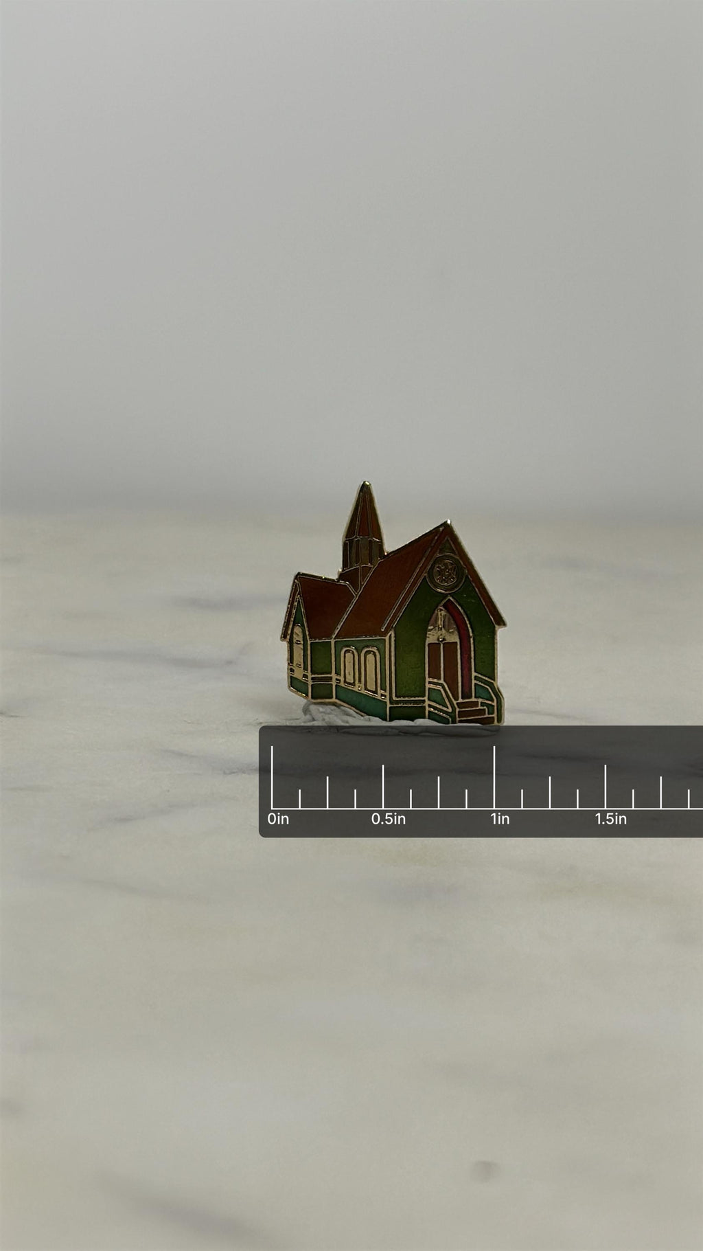 Church Building Enamel Pin: Red Green Gold Cloisonné - Vintage Style Accessory with ruler overlay for size reference