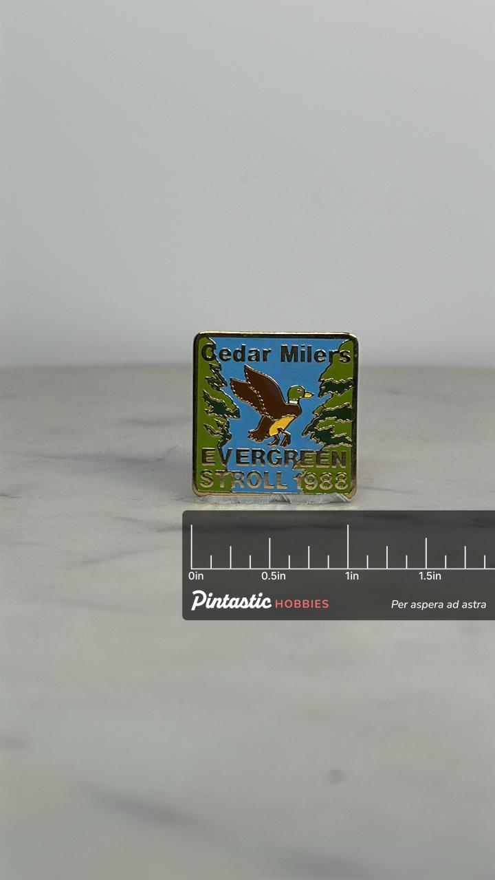 Cedar Milers Hiking Pin: Duck Scene Enamel - 1980s Nature Accessory with ruler overlay for size reference