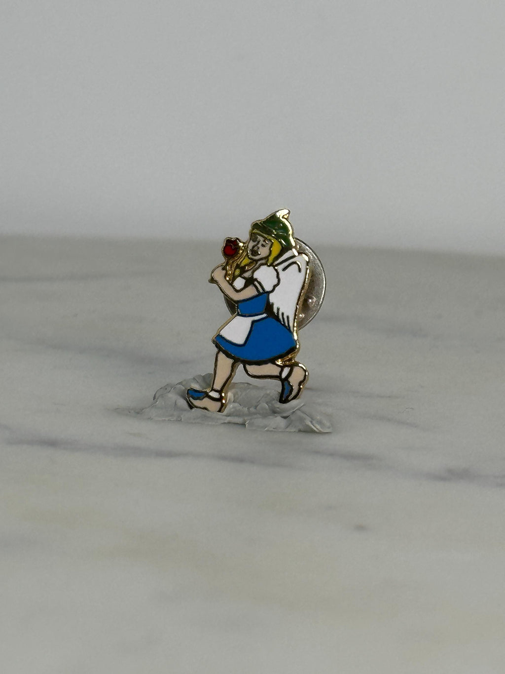 Angel Holding Rose Enamel Pin: Blue Dress Gold Trim - Vintage Style Accessory