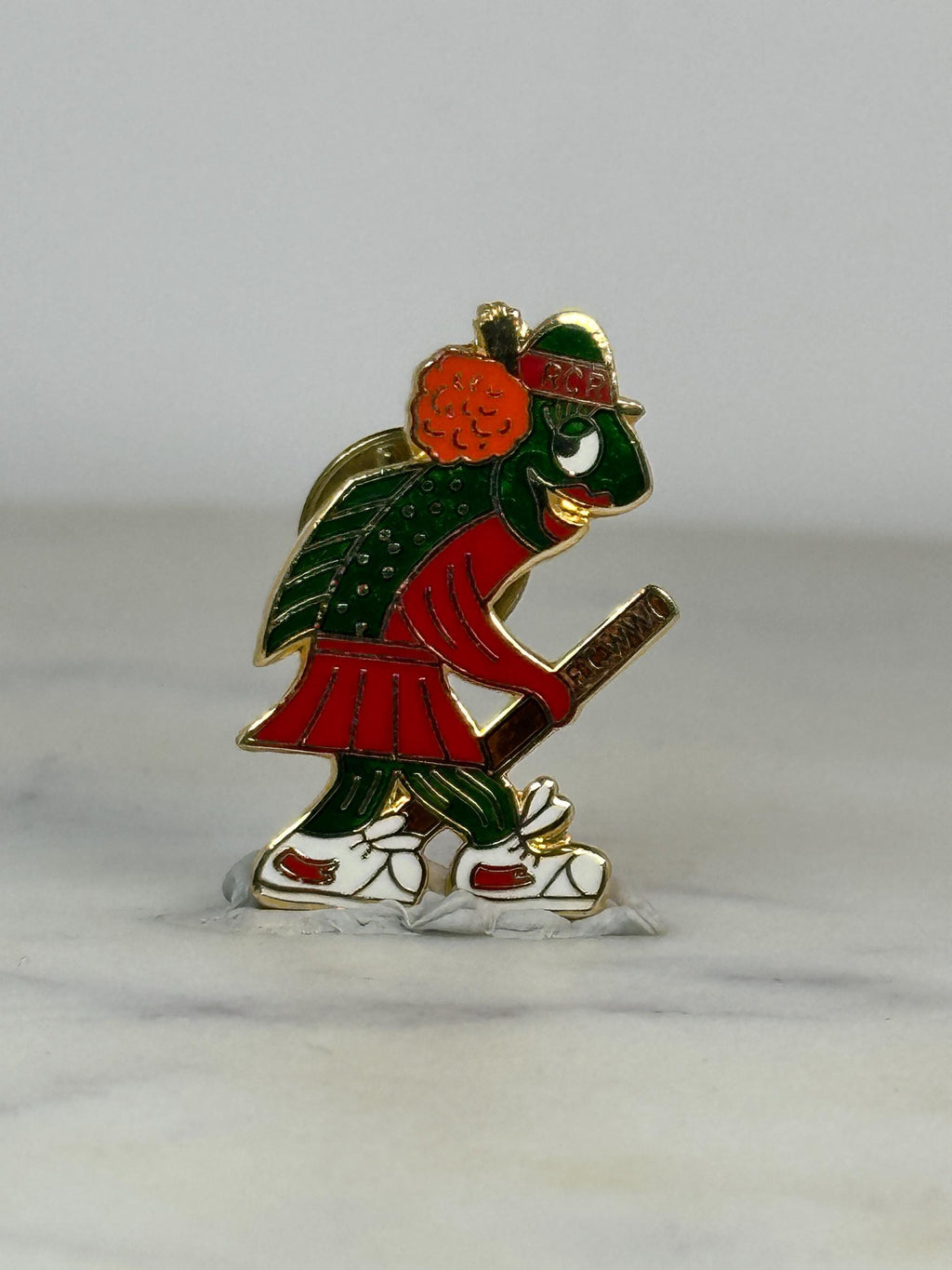RCR Mascot Pin: Frog-Fish Character with EC.WW Stick – Vintage Enamel Sports Club Badge