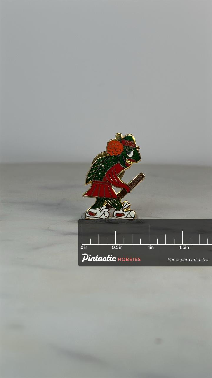RCR Mascot Pin: Frog-Fish Character with EC.WW Stick – Vintage Enamel Sports Club Badge with ruler overlay for size reference