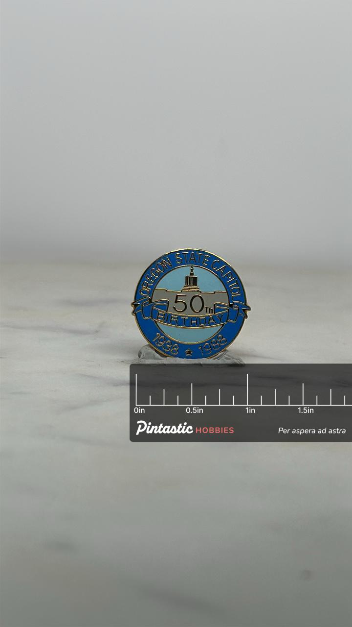 Oregon State Capitol Enamel Pin: Blue Gold Accent - 1980s Commemorative Accessory with ruler overlay for size reference