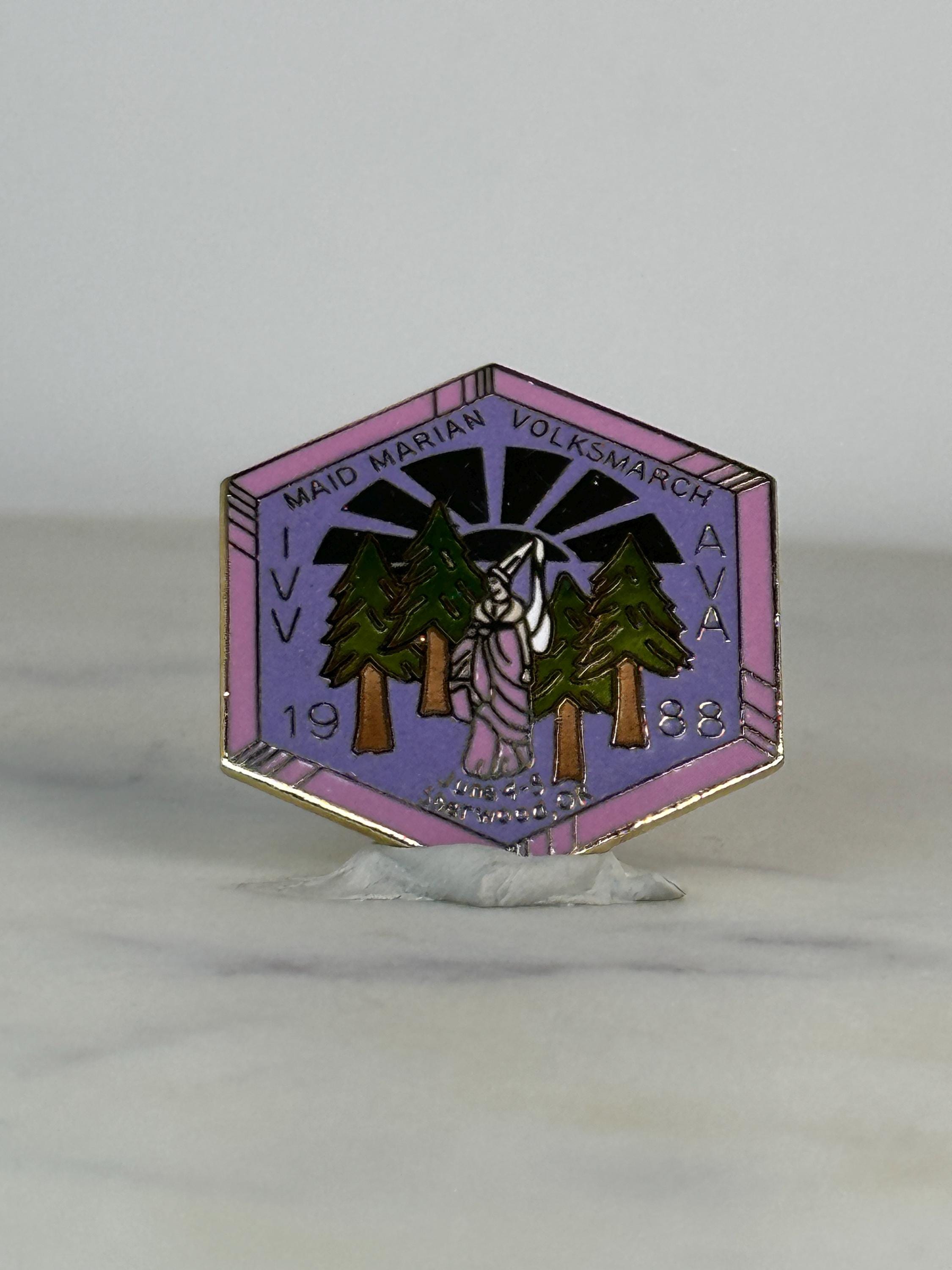 Maid Marian Volksmarch Pin: Purple Enamel Hexagon - 1988 Hiking Accessory