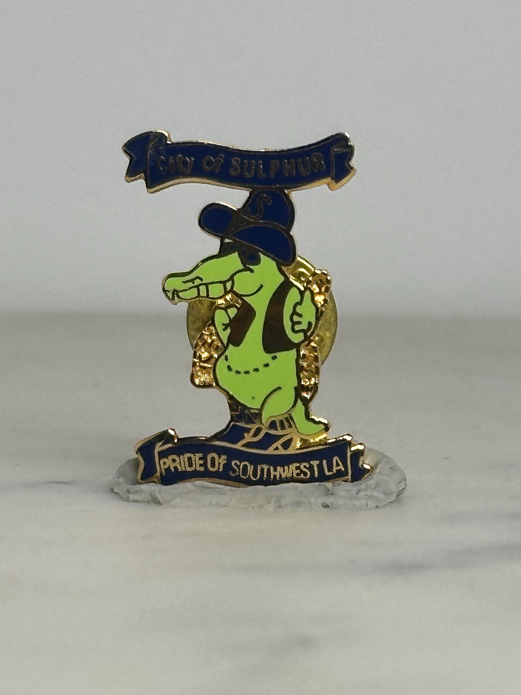 City of Sulphur Alligator Pin: Gold & Blue Enamel - Vintage Souvenir Accessory