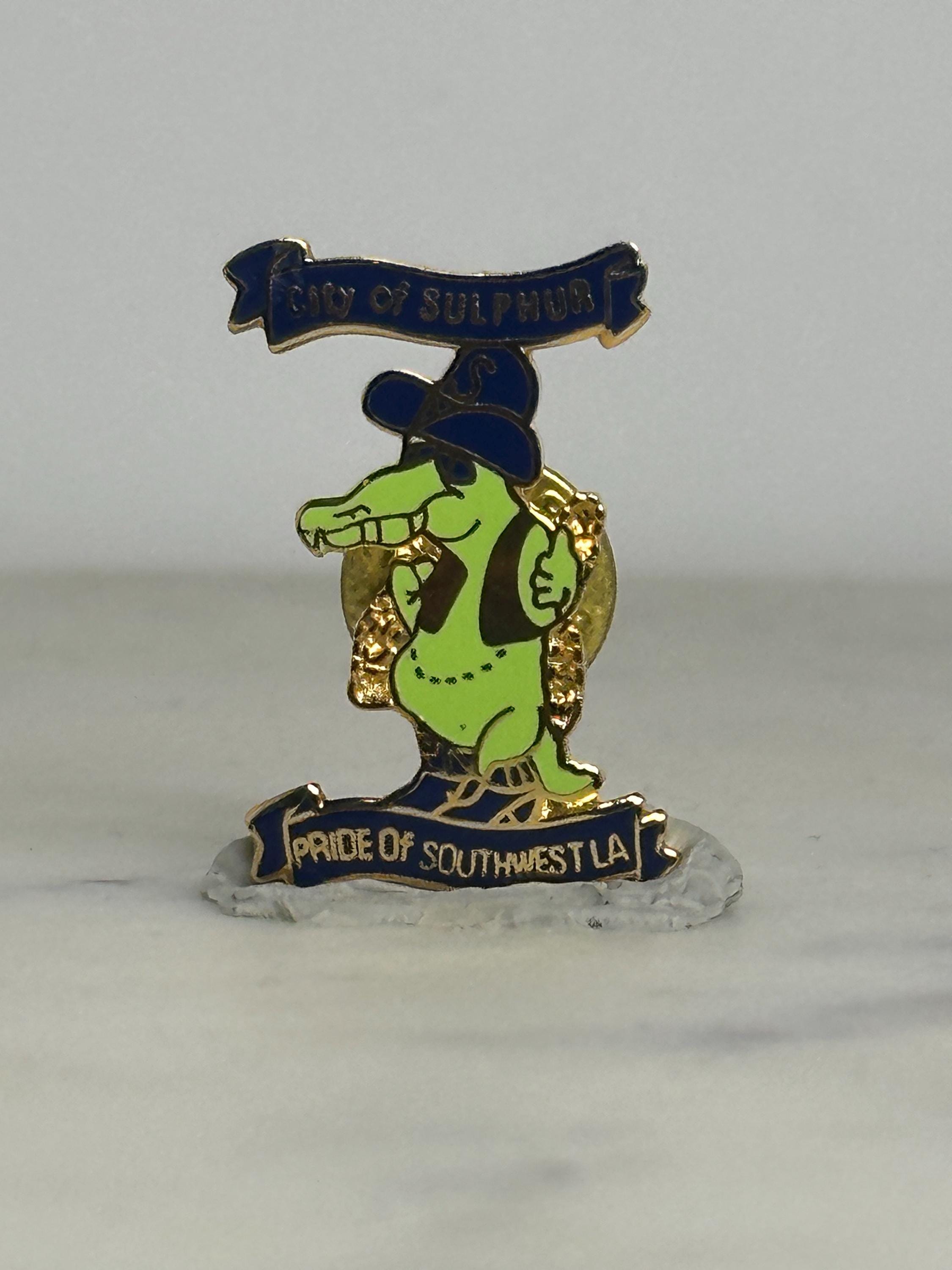 City of Sulphur Alligator Pin: Gold & Blue Enamel - Vintage Souvenir Accessory