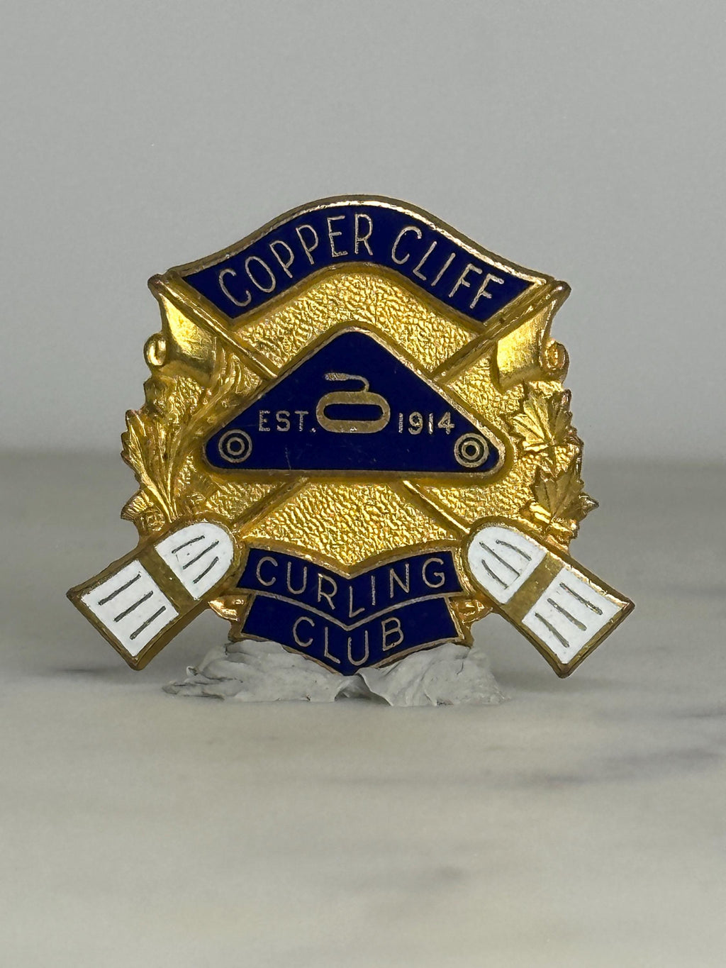 Copper Cliff Curling Club Pin: Gold & Blue Enamel - Vintage Sports Accessory