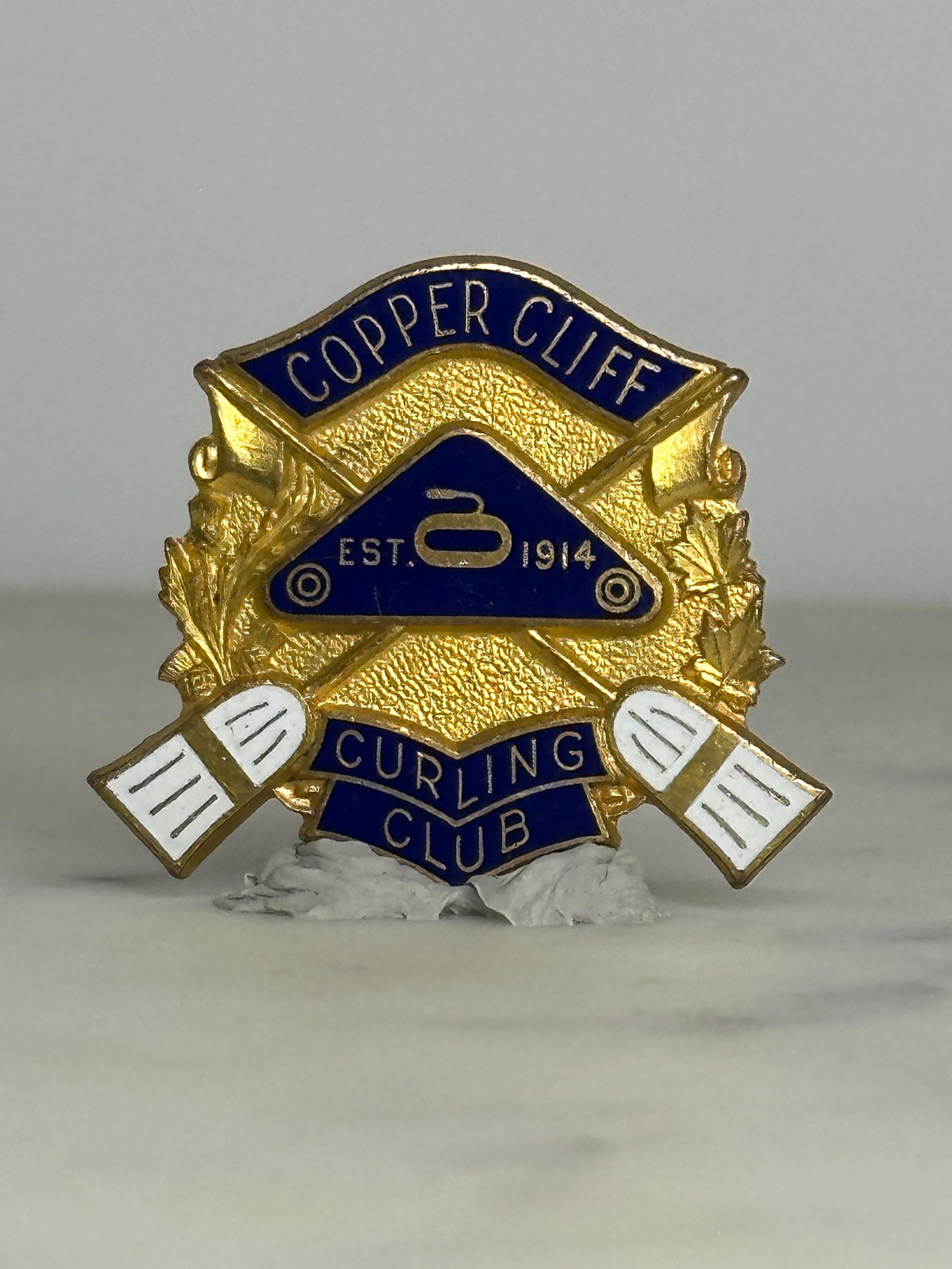 Copper Cliff Curling Club Pin: Gold & Blue Enamel - Vintage Sports Accessory