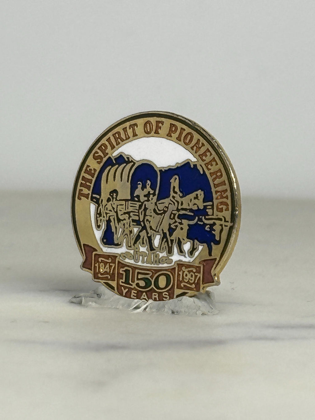 Spirit of Pioneering Enamel Pin: Gold & Blue Finish - 1997 Utah Sesquicentennial Accessory