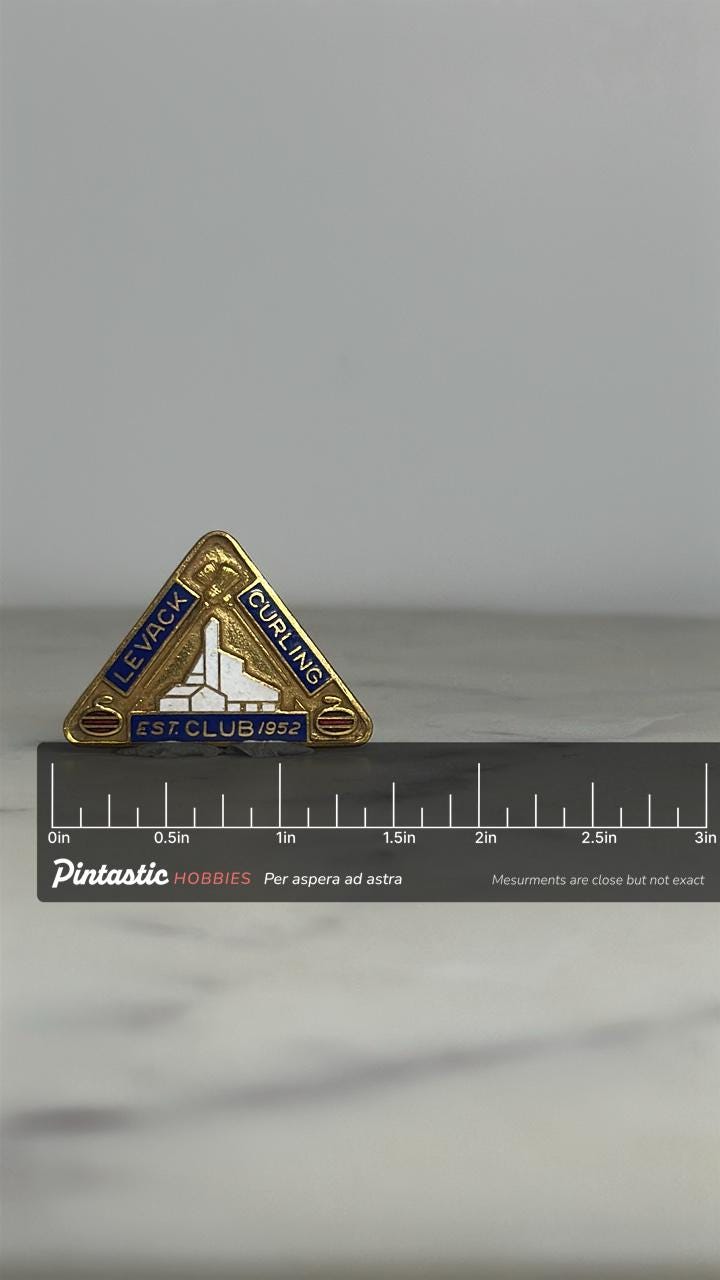 Levack Curling Club Pin: Gold Blue Enamel Triangle - Vintage Sports Accessory with ruler overlay for size reference
