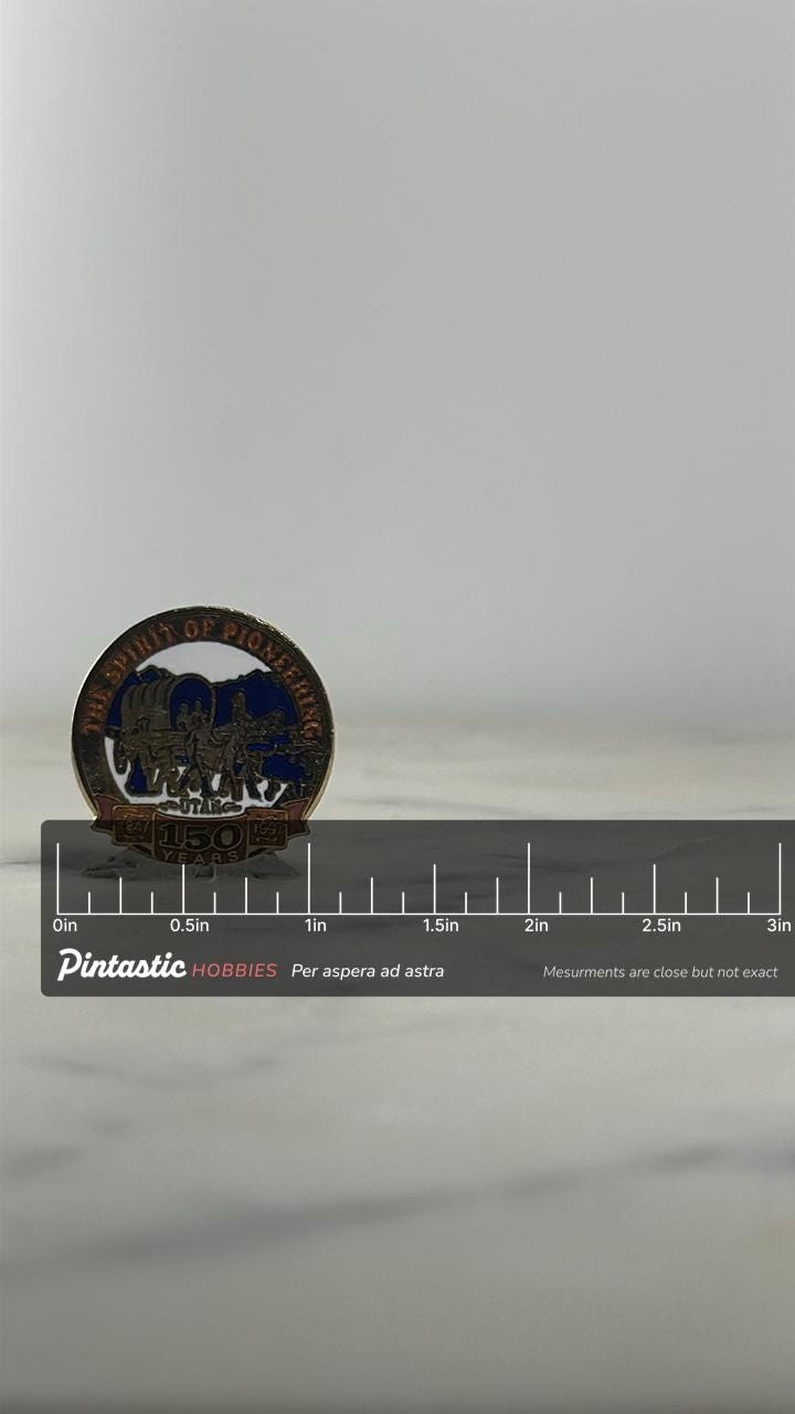Spirit of Pioneering Enamel Pin: Gold & Blue Finish - 1997 Utah Sesquicentennial Accessory with ruler overlay for size refere