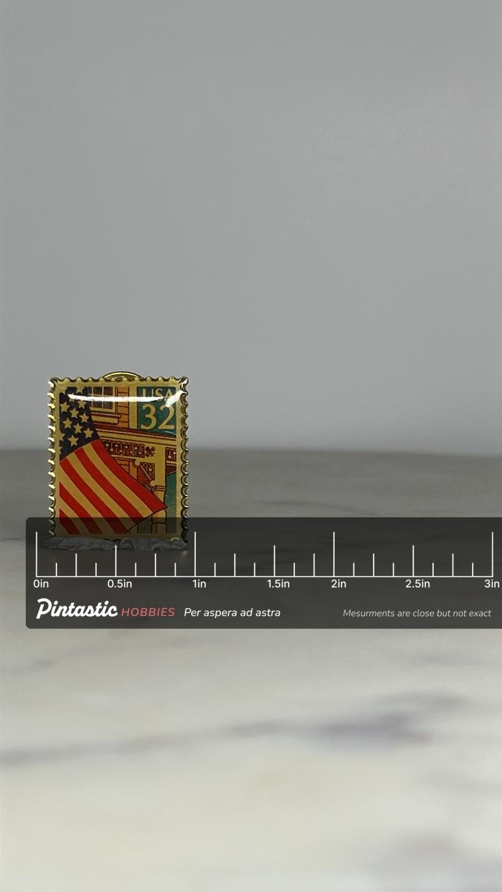 USA Flag Stamp Pin: Gold-Tone Enamel - Patriotic 90s Accessory with ruler overlay for size reference