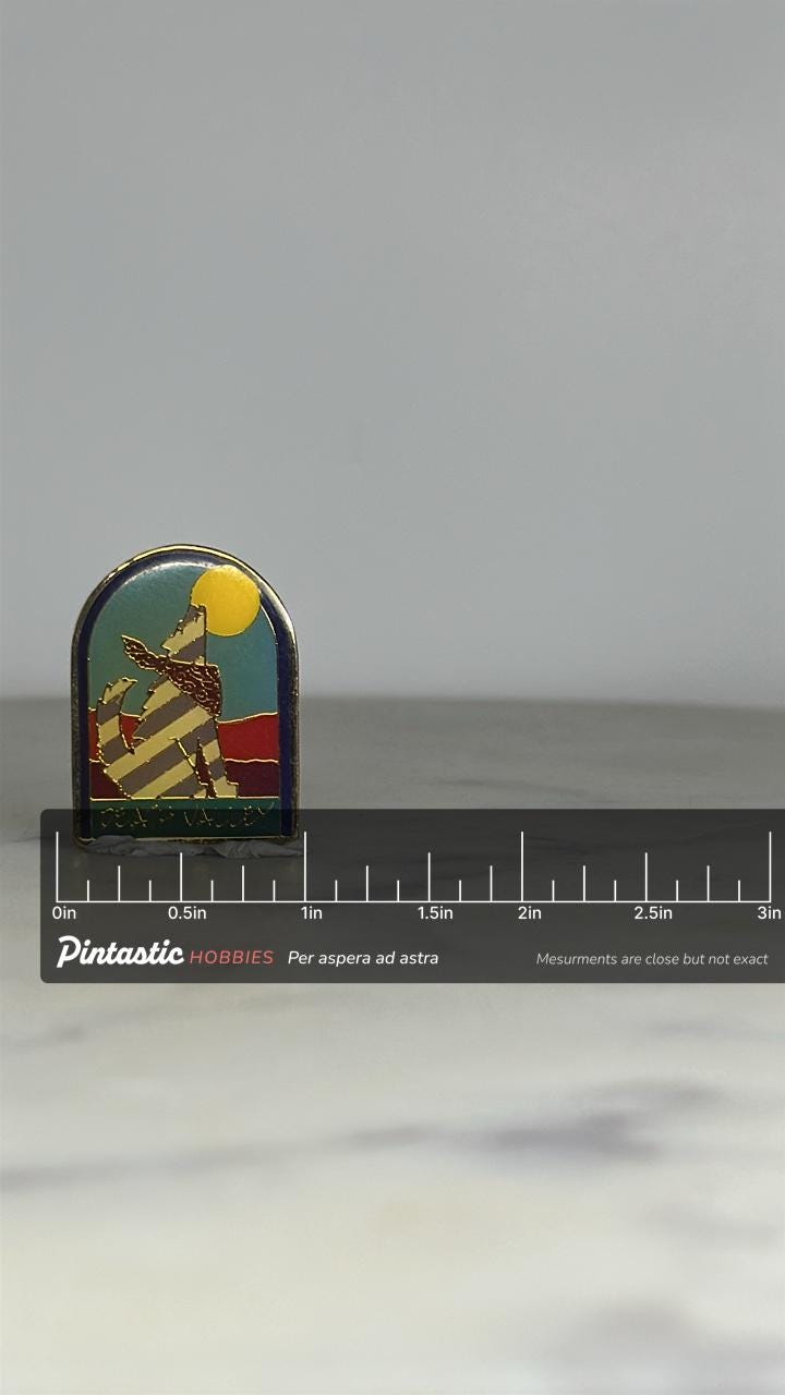 Death Valley Enamel Pin: Gold Tone Desert Scene - Vintage Travel Accessory with ruler overlay for size reference
